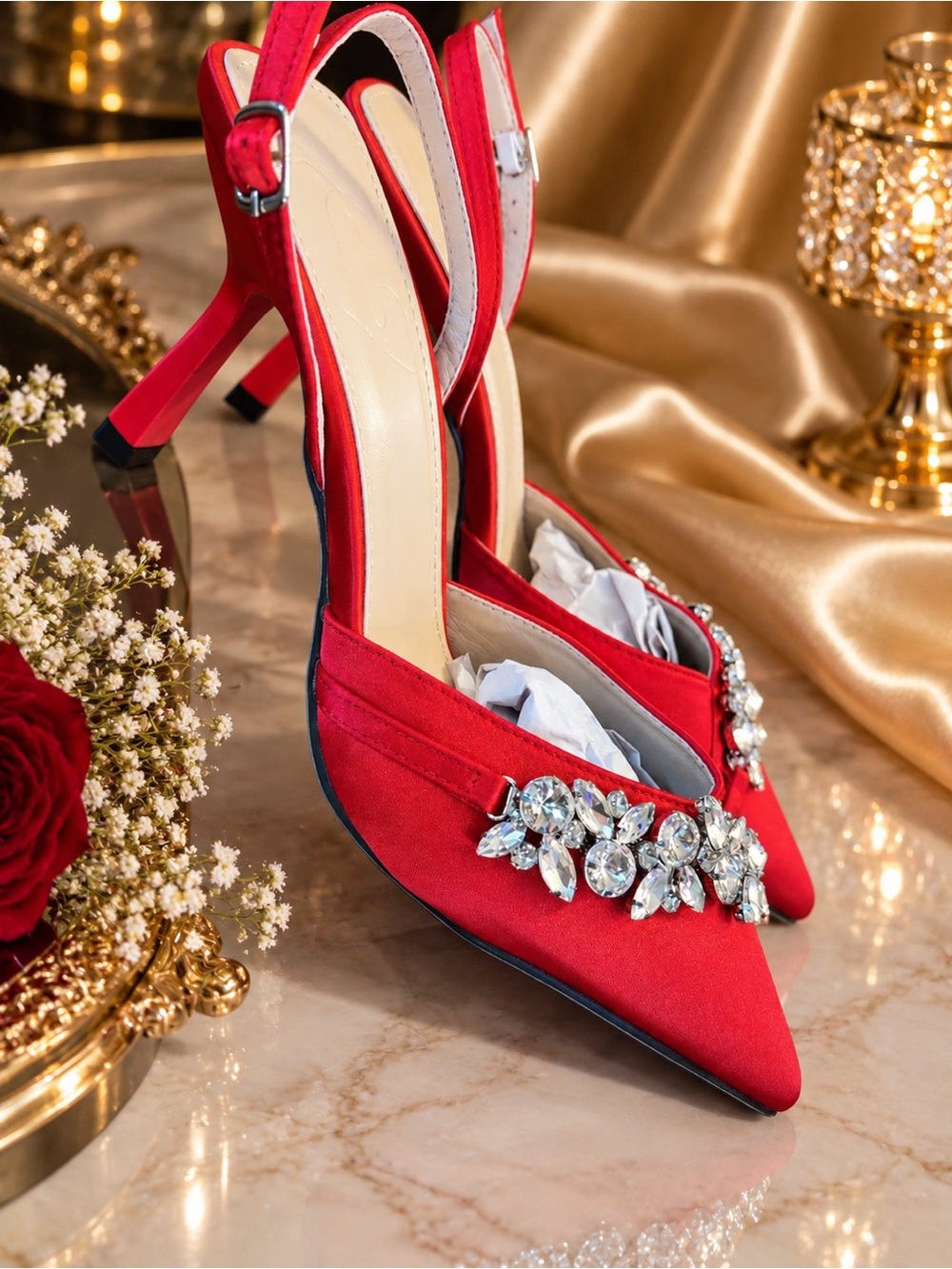 Red Satin Slingback Heels with Crystal Accent by - Picture 2 of 5